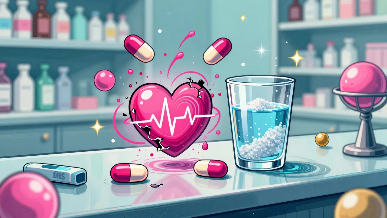 Psychedelic loperamide pills beside a glowing glass of oral rehydration solution in retro illustration style.