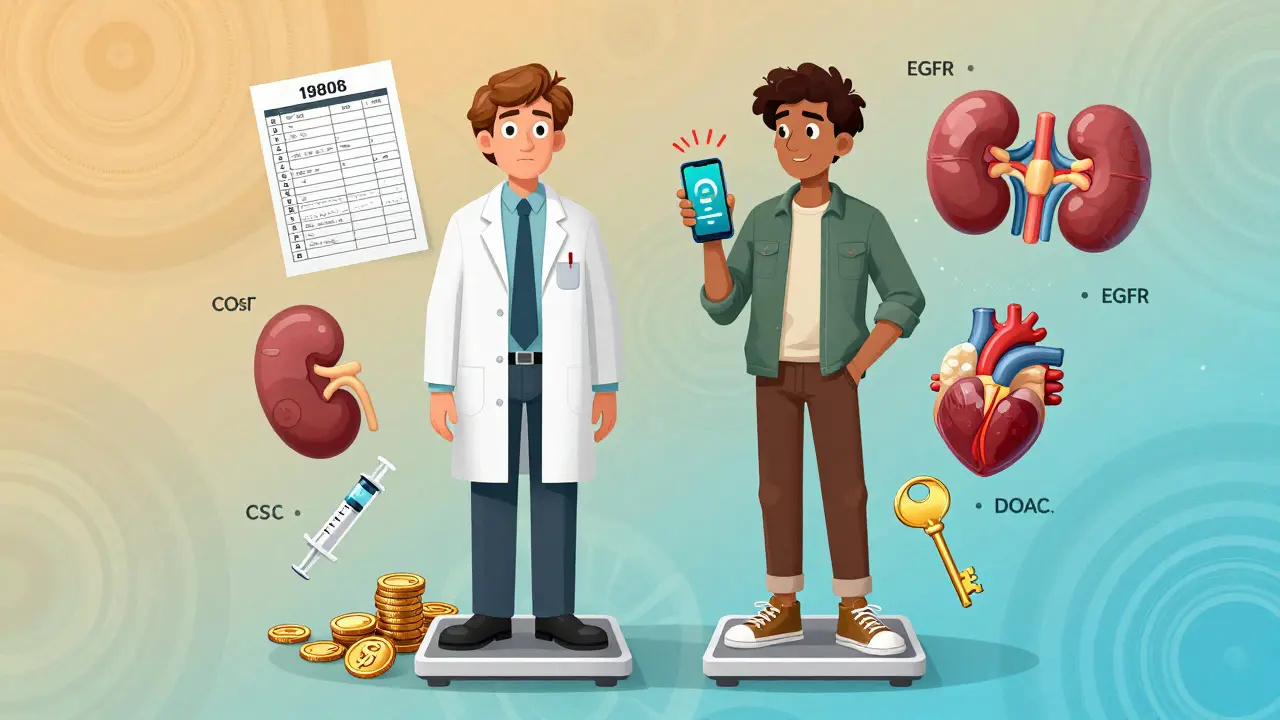 Split-personality patient comparing warfarin’s complexity with DOAC’s simplicity, surrounded by cost and kidney symbols.