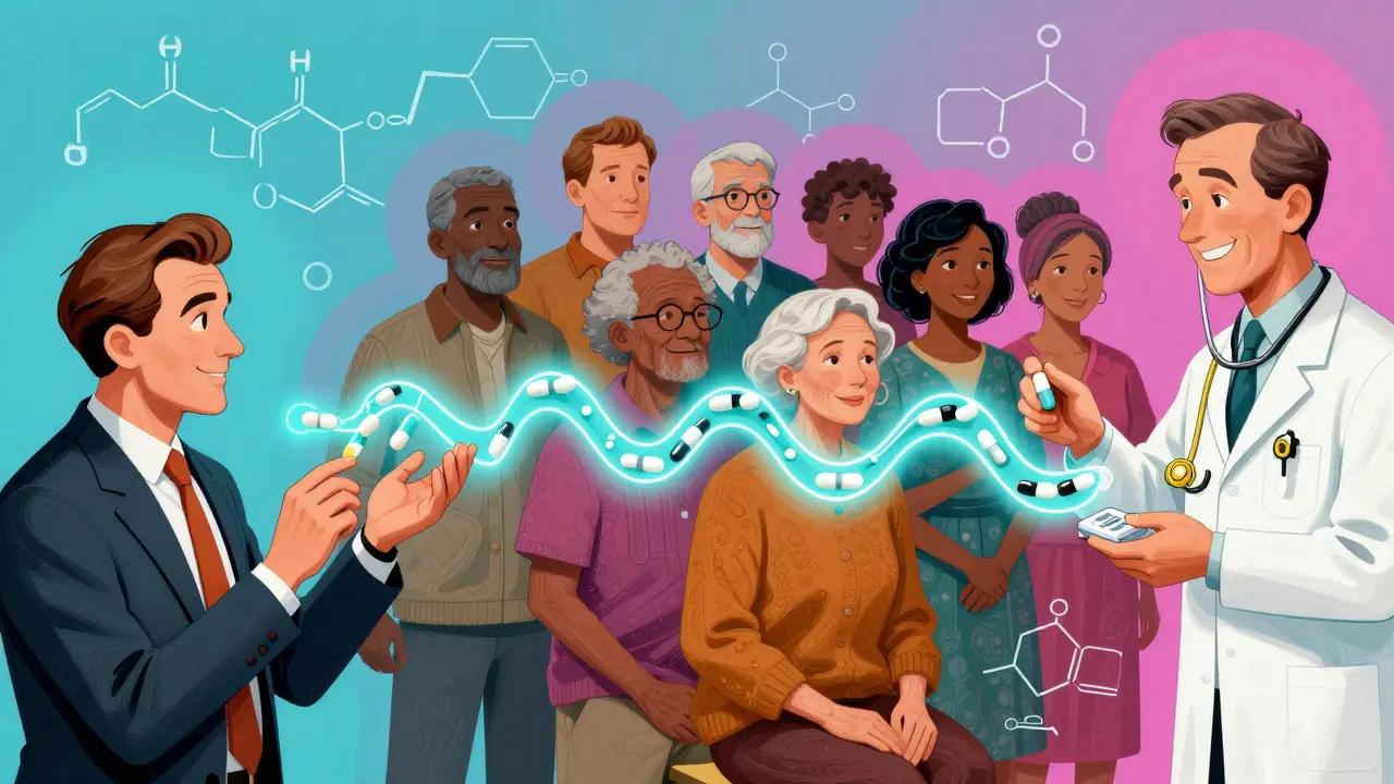 Split scene showing different patients receiving the same pill in branded and generic packaging, connected by chemical waves.