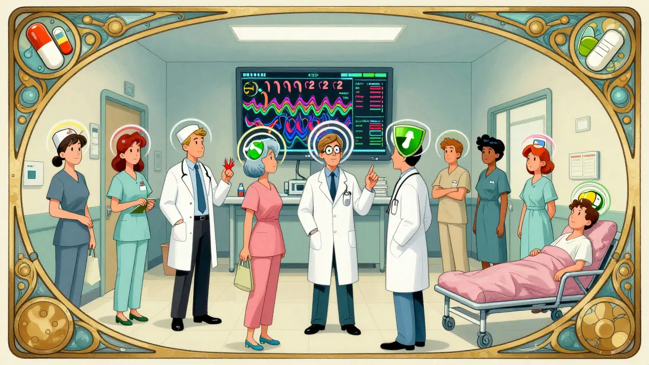 Stylized hospital figures surrounded by medication icons and real-time patient data patterns.