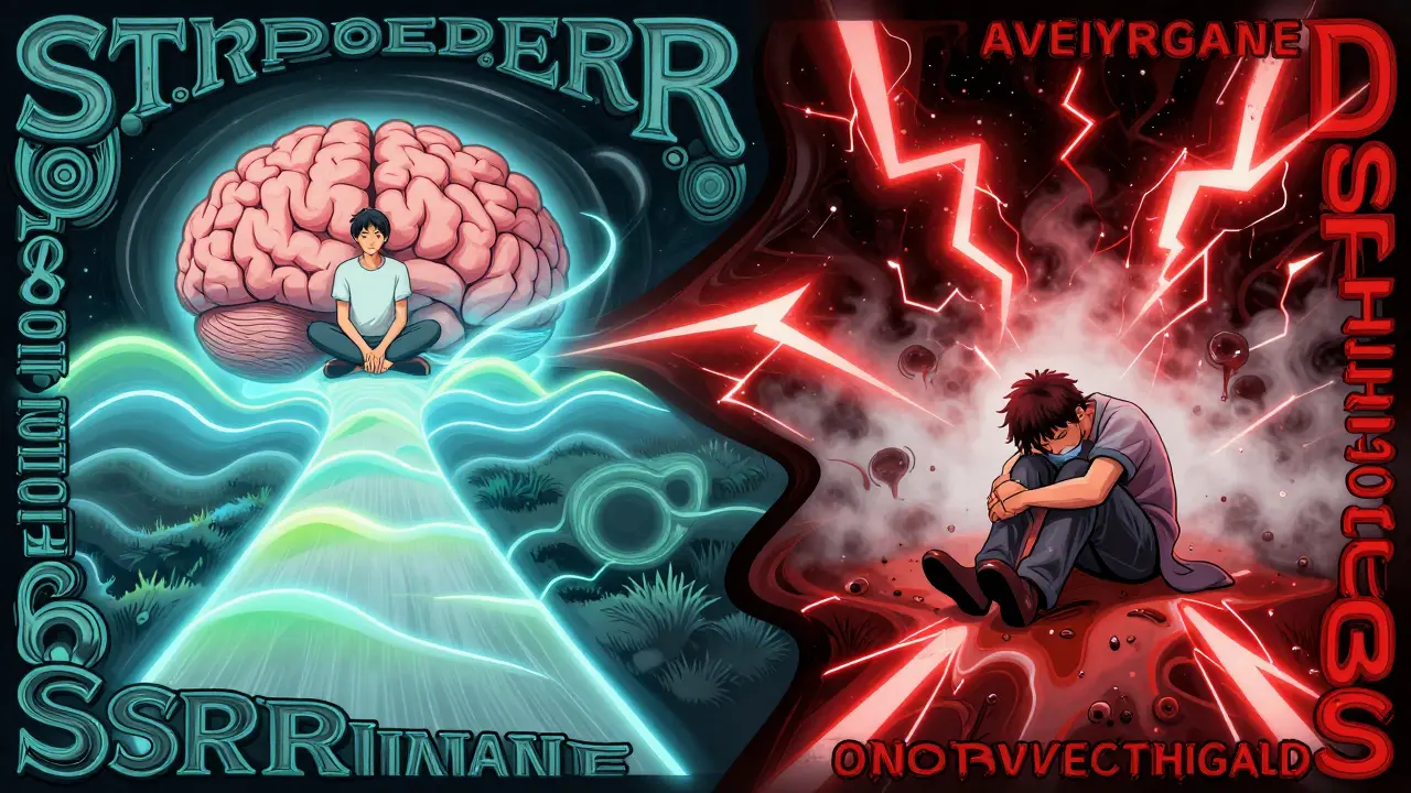 Two paths in a brain landscape: calm SSRIs route vs. chaotic clomipramine path with fog and lightning.