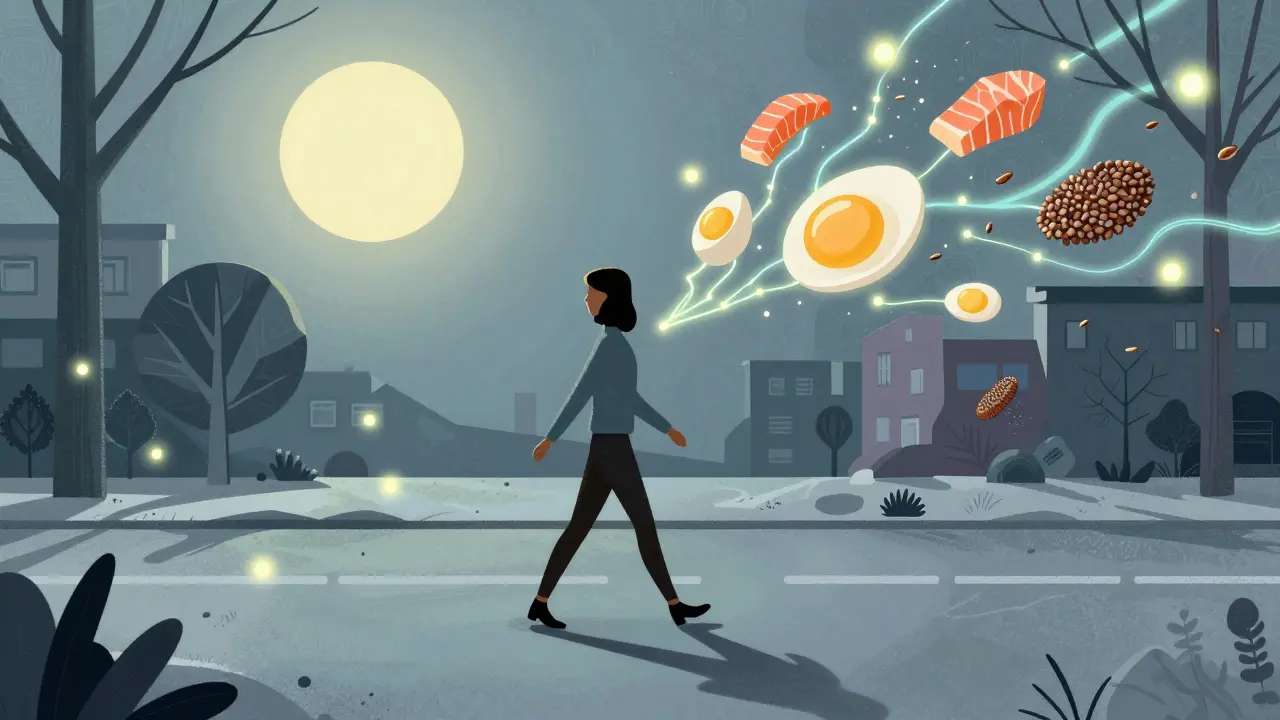 Woman walking in winter with floating vitamin D molecules and food symbols around her.