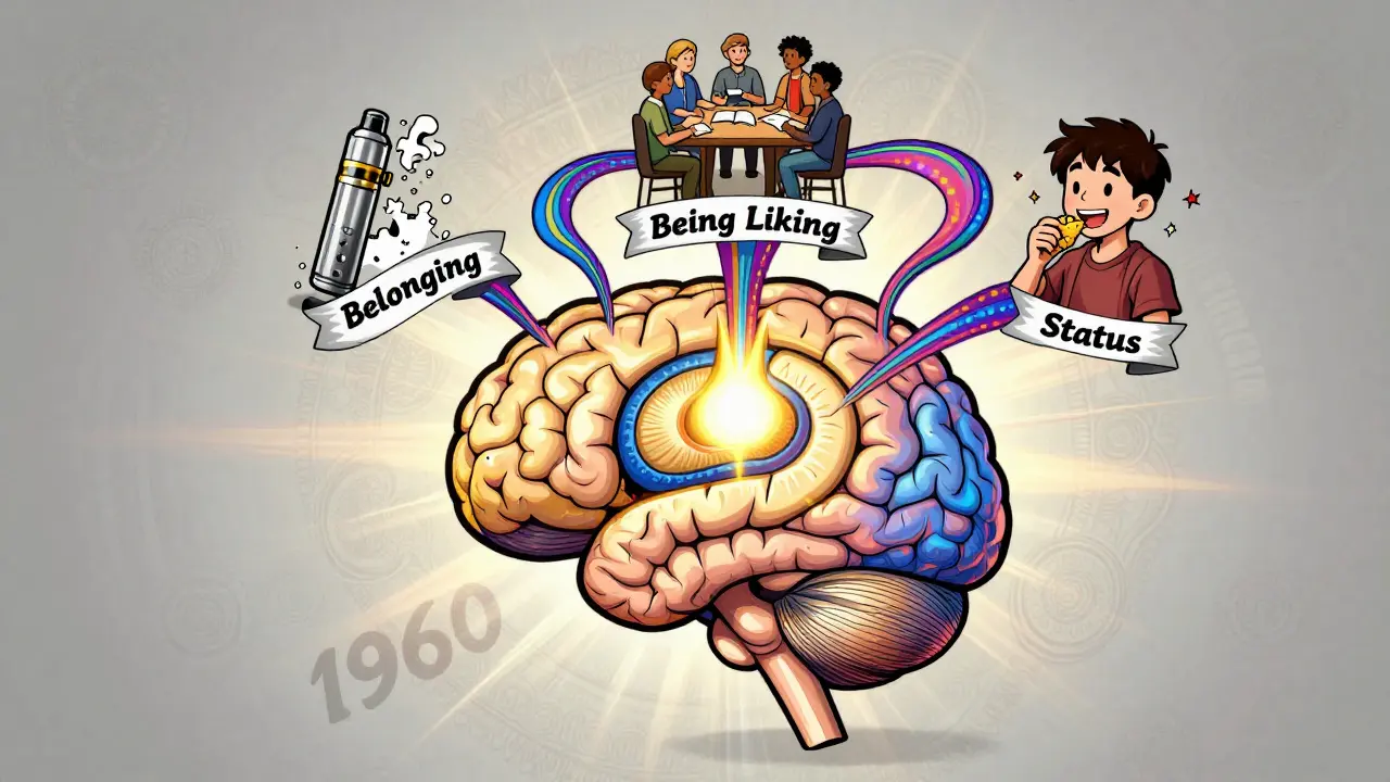 A brain with glowing regions surrounded by icons of peer influence, connected by psychedelic ribbons labeled with social drivers.