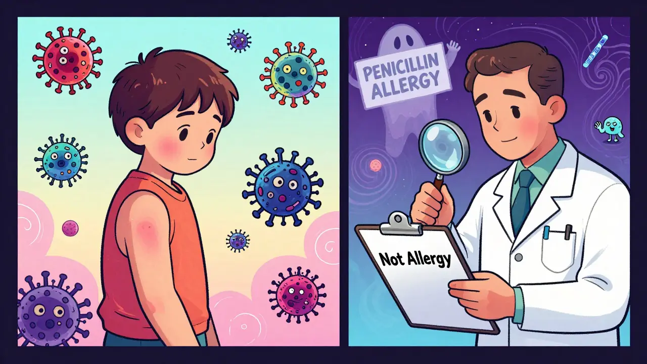 A child with a rash beside floating viruses, with a doctor removing a mislabeled allergy tag, in vibrant cartoon style.