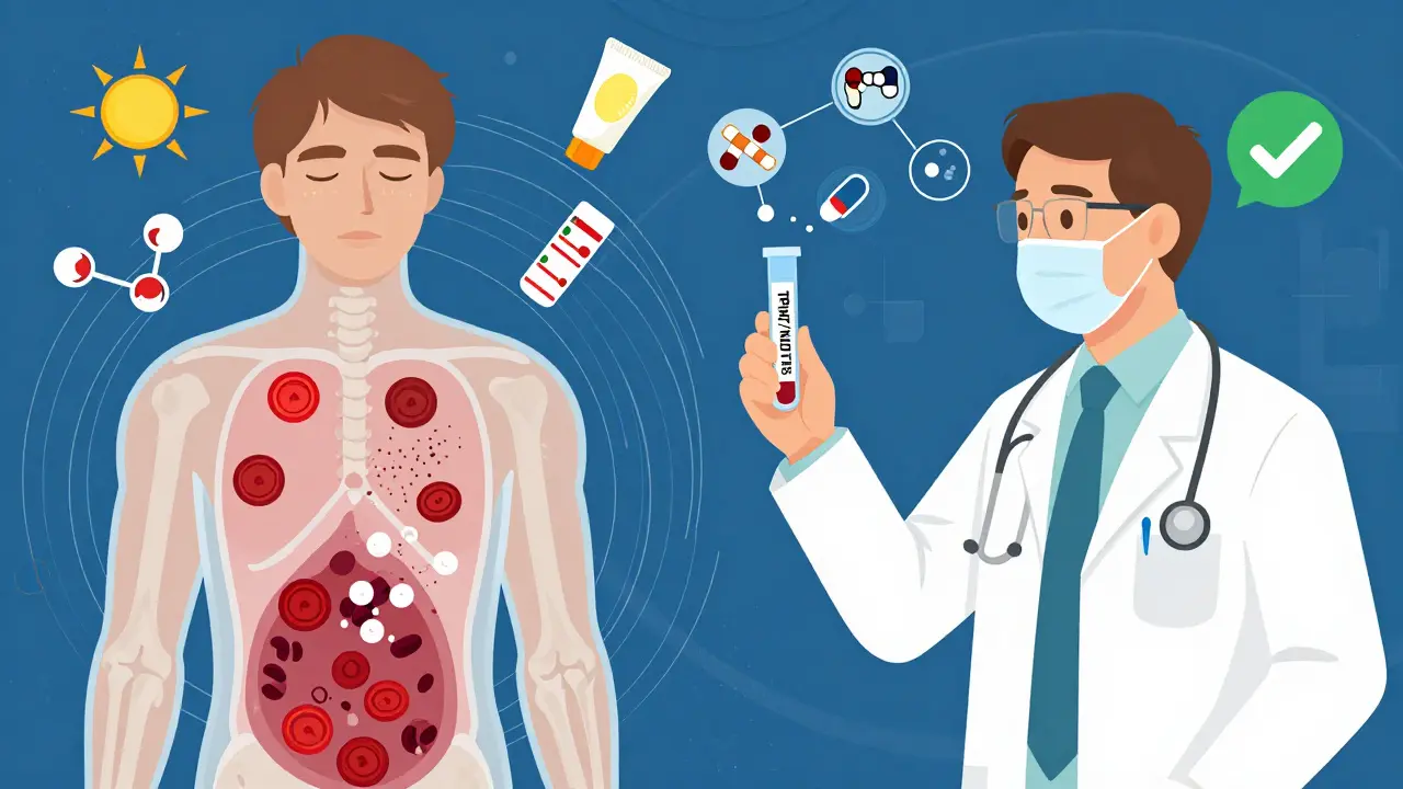 A doctor holds a test tube while one patient's blood cells crumble and another receives a reduced dose, with drug interaction icons floating nearby.