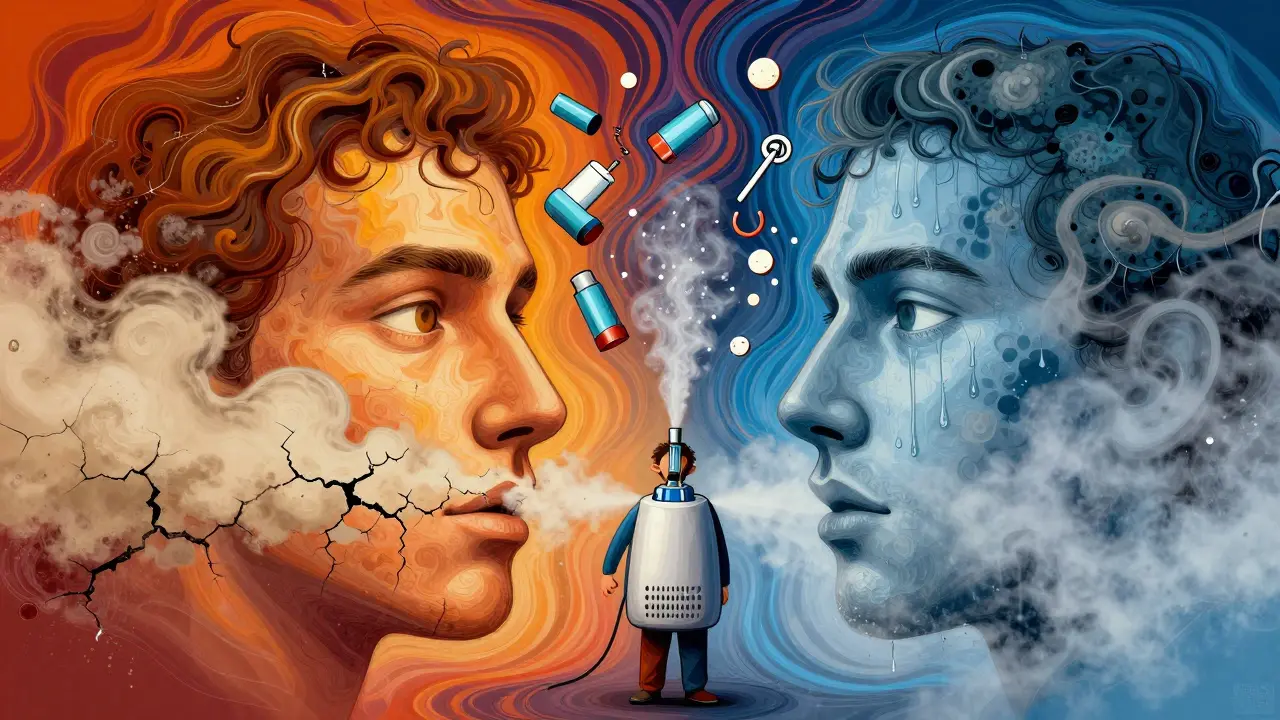 A face divided by seasons with allergens and humidity controls in swirling psychedelic art style.