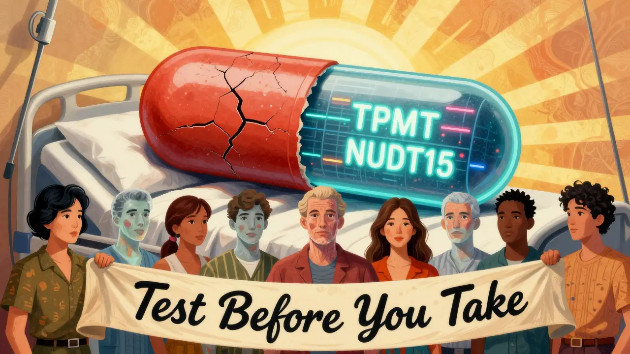 A giant cracked azathioprine pill reveals glowing gene variants, with diverse patients showing their genetic profiles under a 'Test Before You Take' banner.