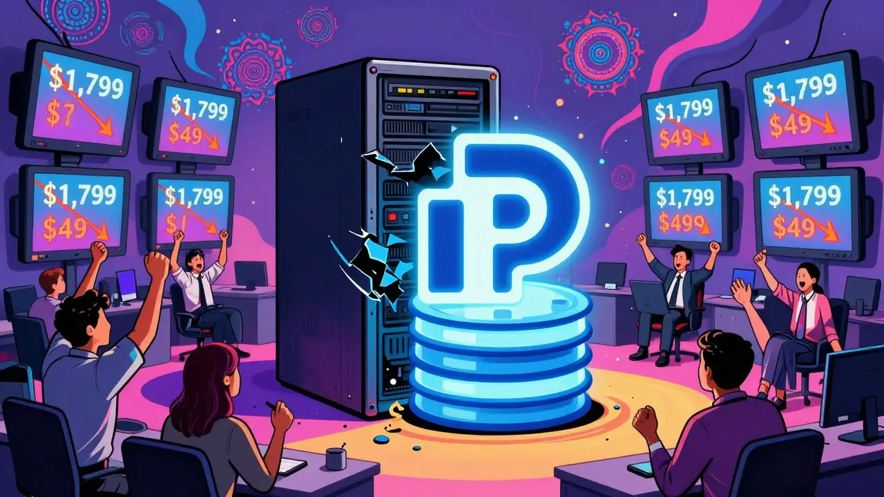 A glowing open-source database replaces a crumbling corporate server in a vibrant, surreal office scene.