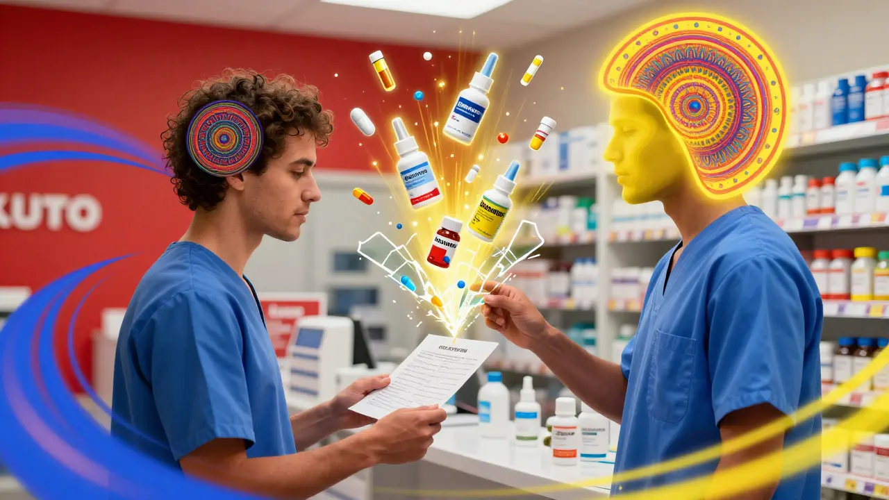 A patient and pharmacist exchanging a safety list, with dangerous drugs shattering and safe ones floating peacefully in psychedelic colors.
