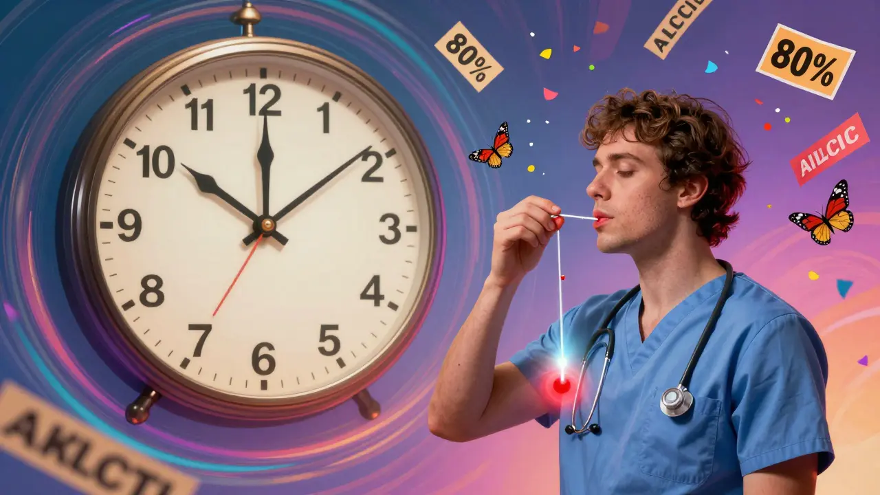 A patient taking amoxicillin while a skin test bump dissolves into confetti, with labels turning to butterflies.