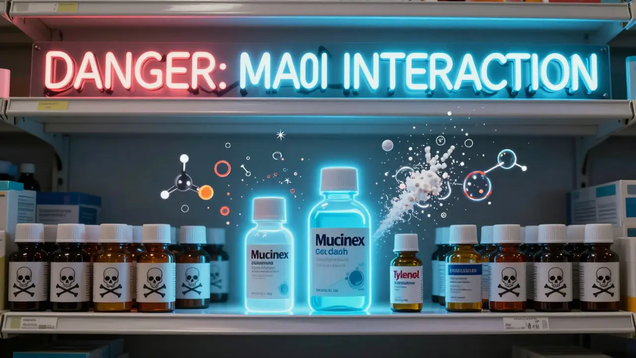 A pharmacy shelf with dangerous cold medicines marked by skull icons, while only two safe items glow in blue, surrounded by chaotic chemical bursts.