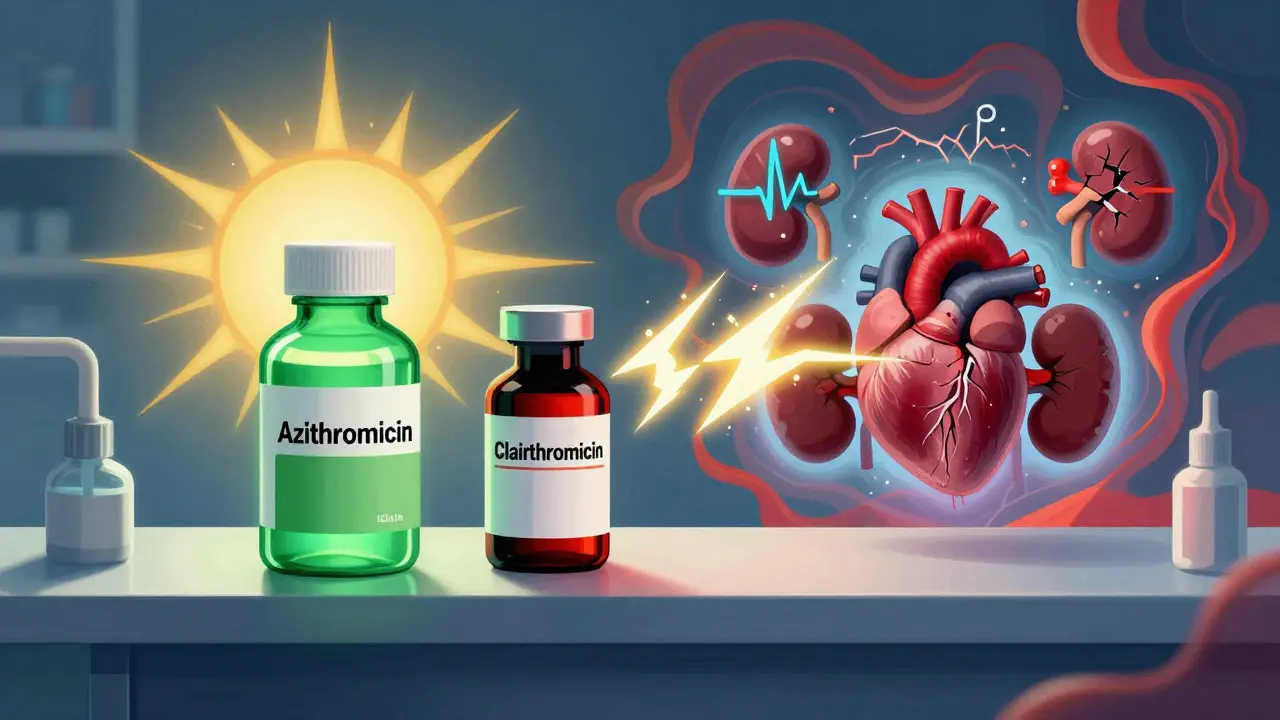 Azithromycin sunburst safely beside a dangerous clarithromycin lightning bolt near heart and kidneys.