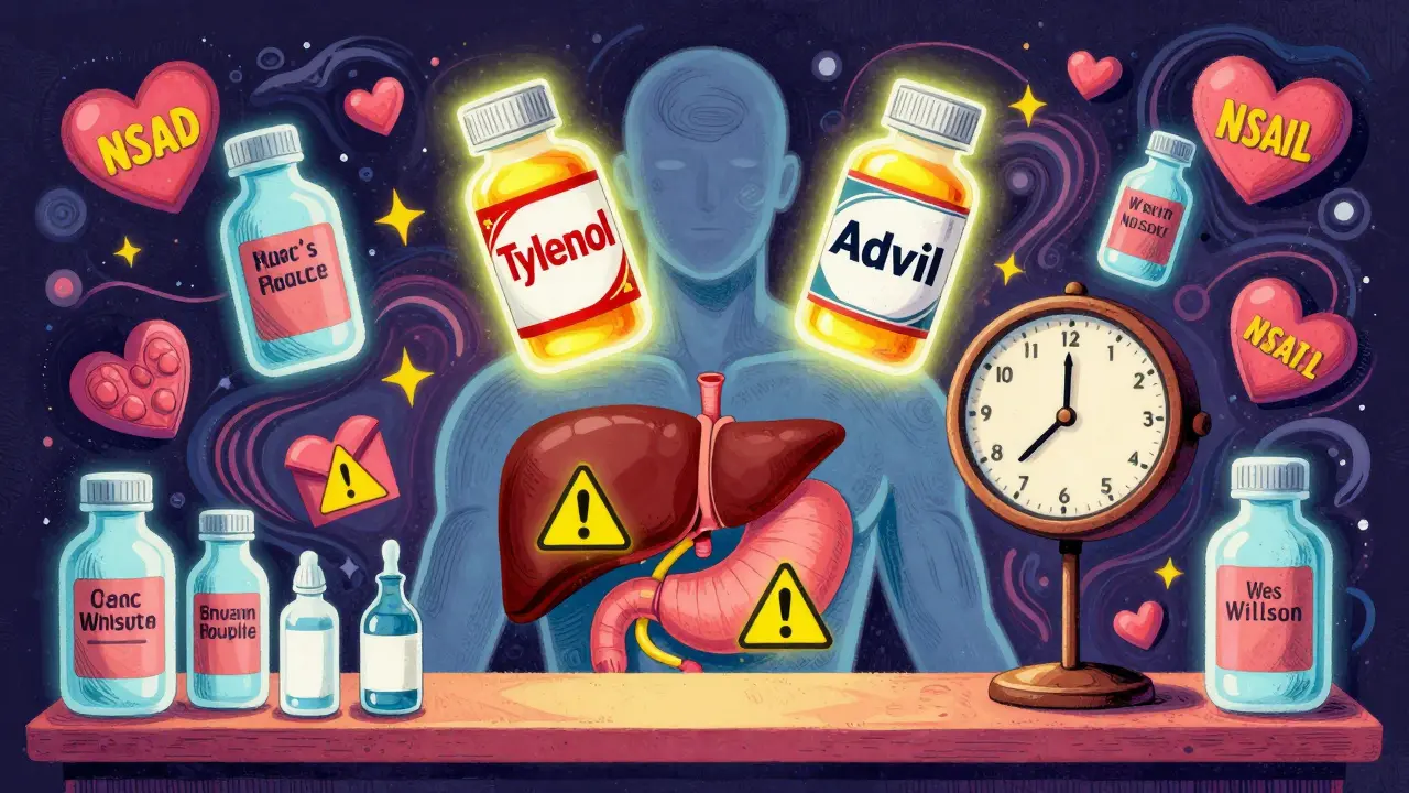 Pharmacy counter with glowing Tylenol and Advil bottles, warning signs on organs, and hidden cold medicine bottles in psychedelic art style.