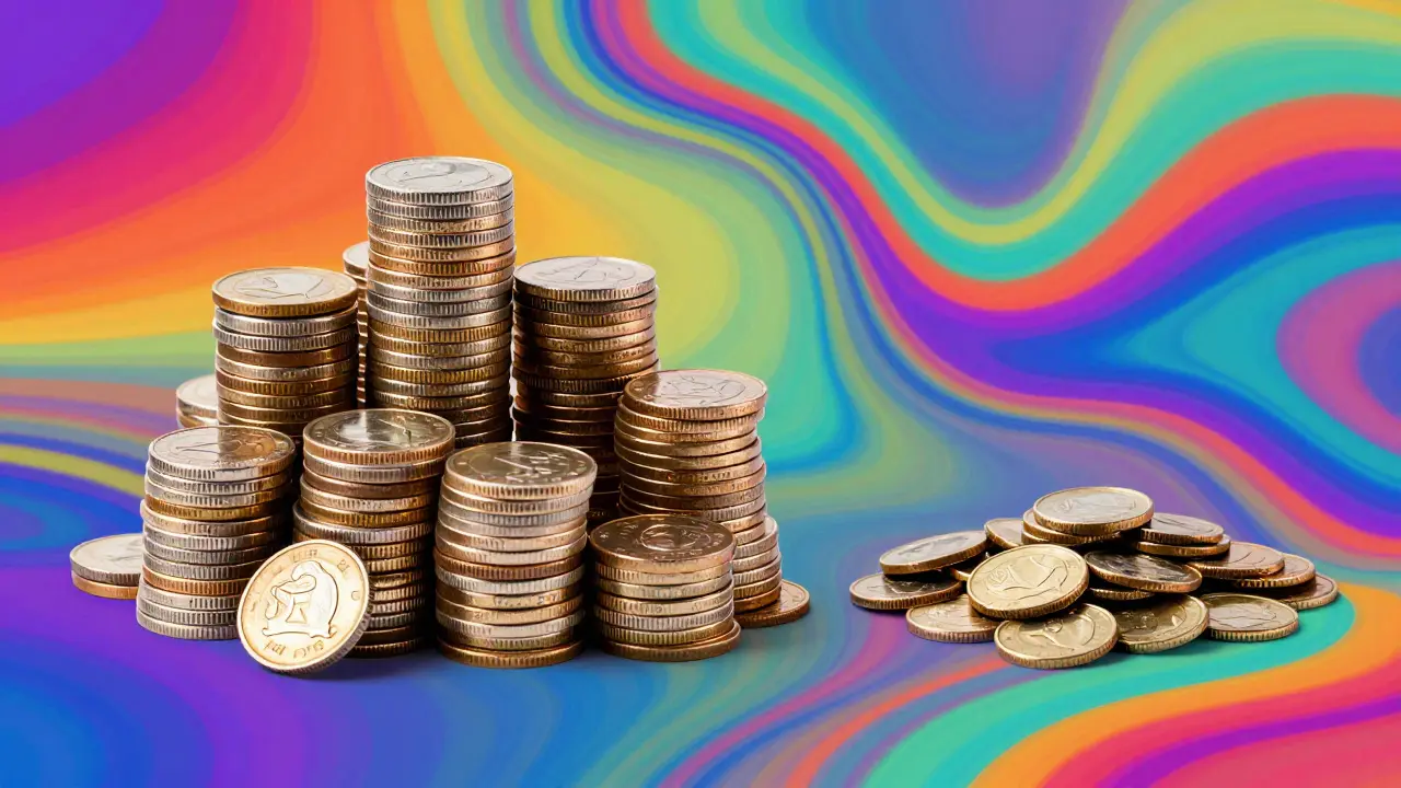 Scale with large and small coin piles illustrating brand vs generic cost difference in psychedelic style.