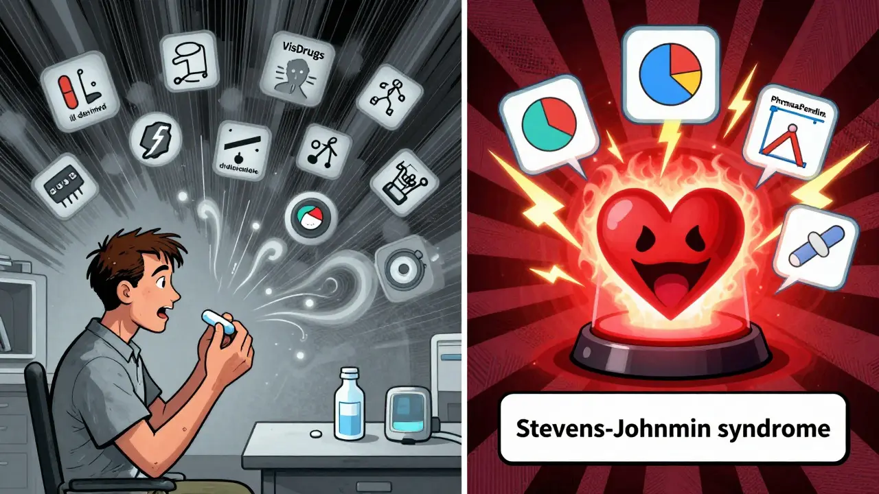 Side-by-side comparison of vague symptoms vs. serious reaction with glowing alerts in vintage cartoon style