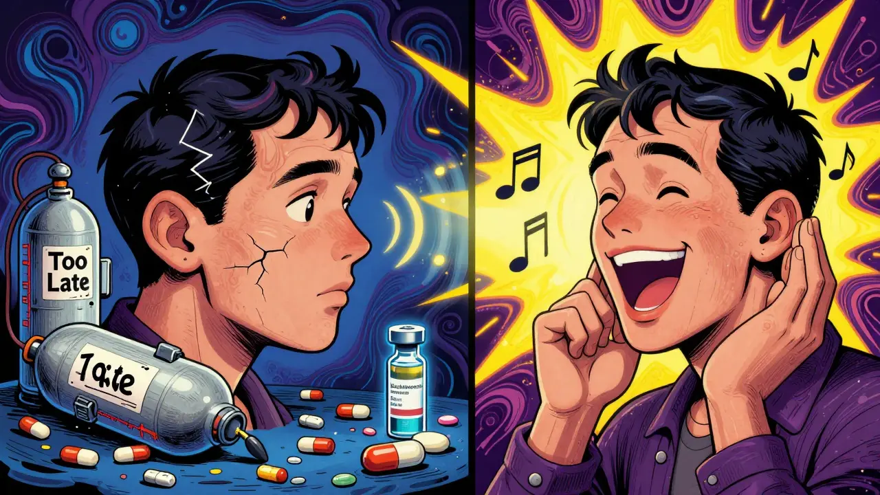 Split image: left shows hearing loss with abandoned treatments, right shows restored sound and joy.