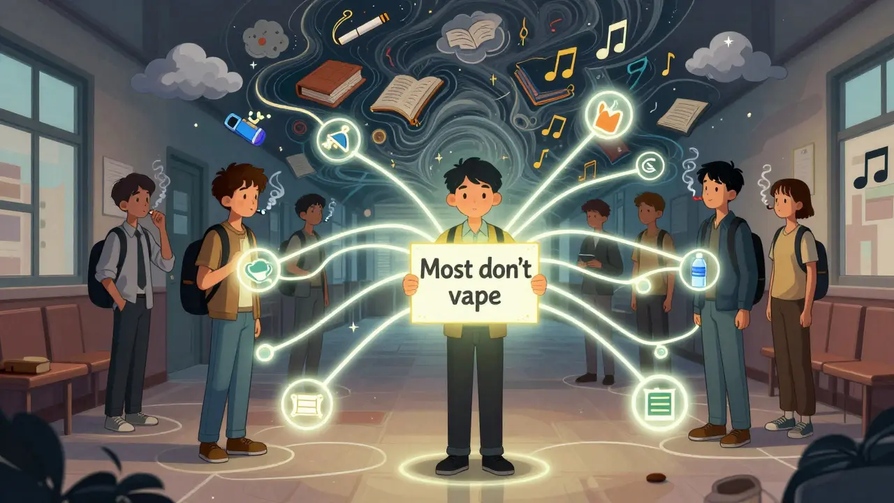 Students connected by pulsing lines of influence, one quietly respected peer holding a sign that changes group behavior.