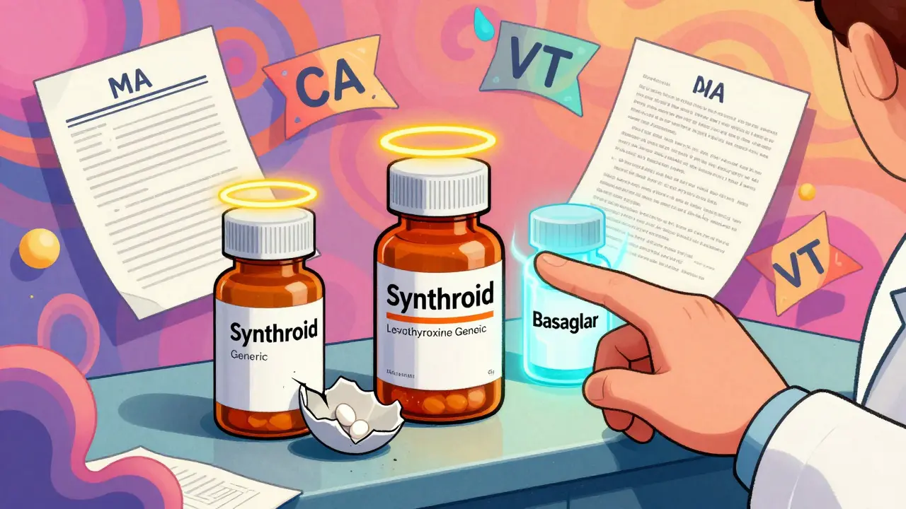 Three pill bottles labeled with brand and generic names, floating legal documents, and vibrant psychedelic colors.