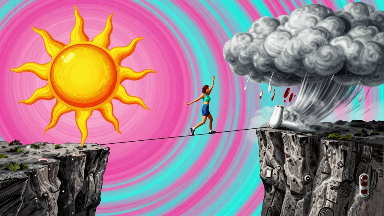 Tightrope walker balancing between sun and storm cloud cliffs symbolizing narrow therapeutic index.