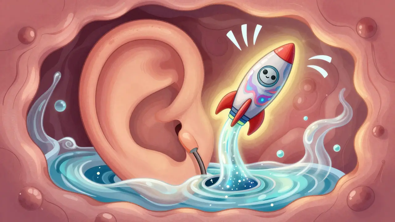 A child's middle ear with glue-like fluid draining through a psychedelic ear tube, surrounded by free-moving sound waves.