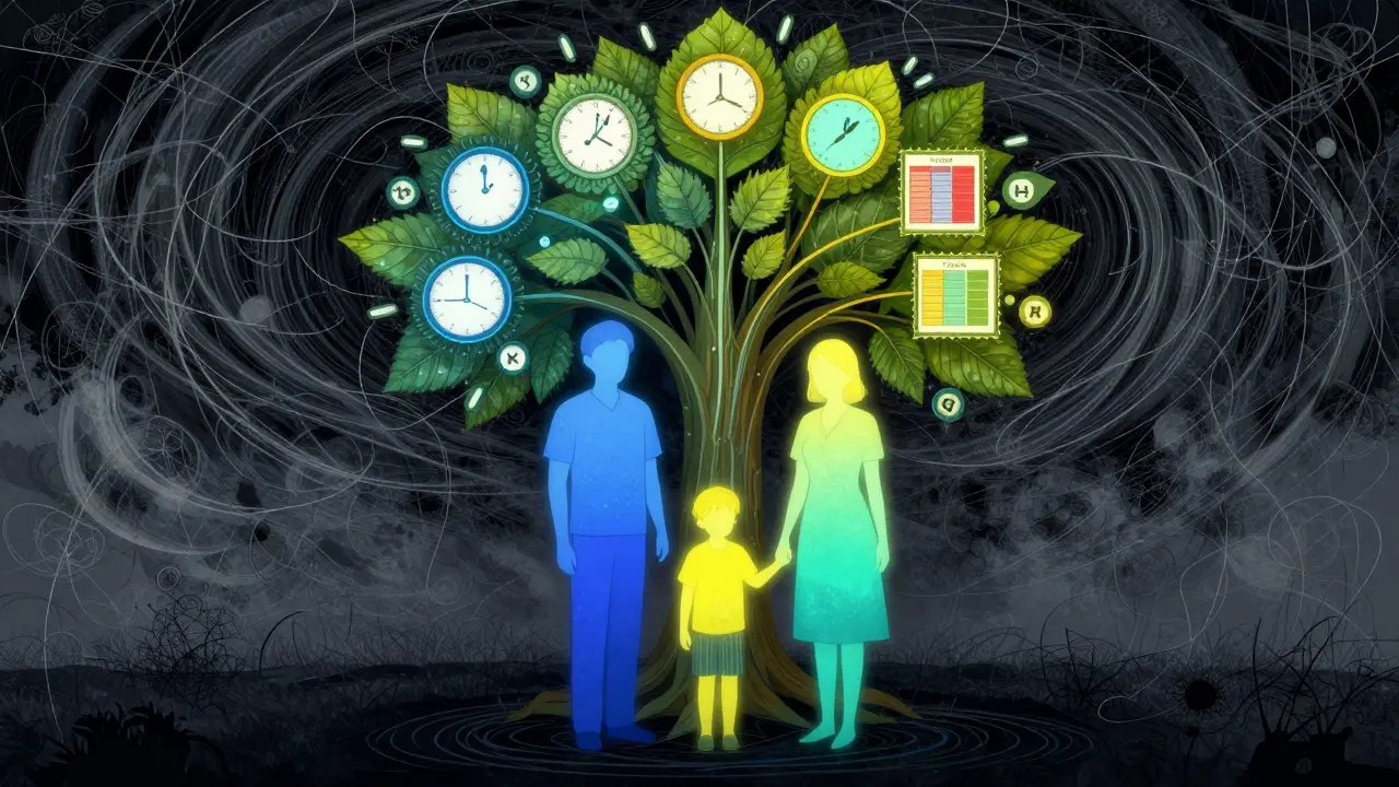 A family and teacher under a tree with behavioral strategy leaves, showing support and transformation from chaos to calm.