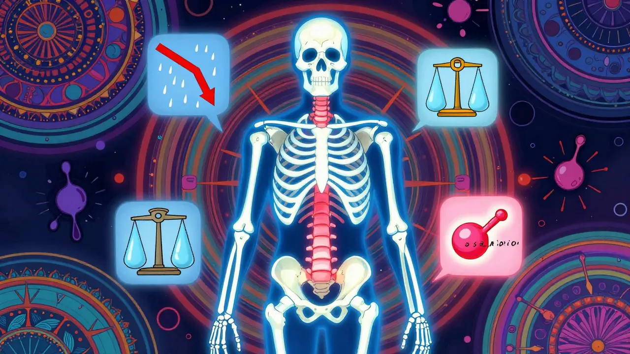 A human skeleton with one hip and spine glowing red from bone loss, surrounded by icons of weight loss, dizziness, and hormone changes in psychedelic style.