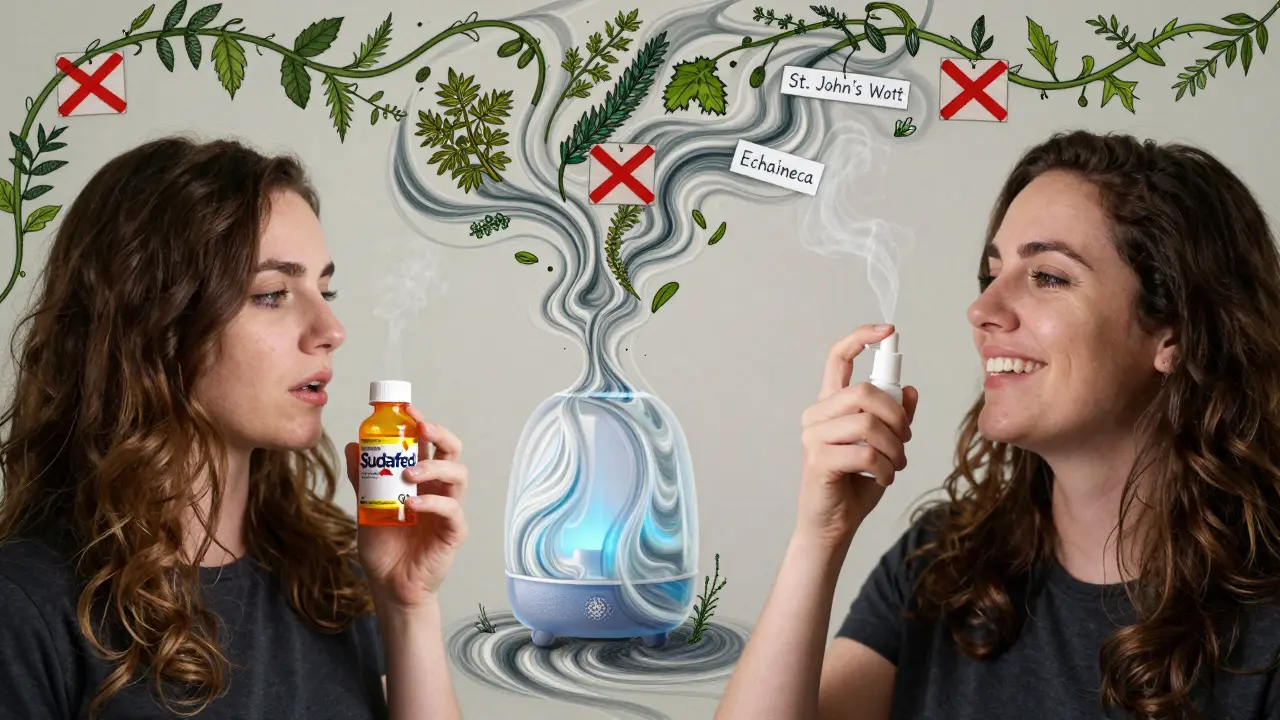 A pregnant woman choosing saline spray over Sudafed, with safe alternatives illustrated in swirling patterns.