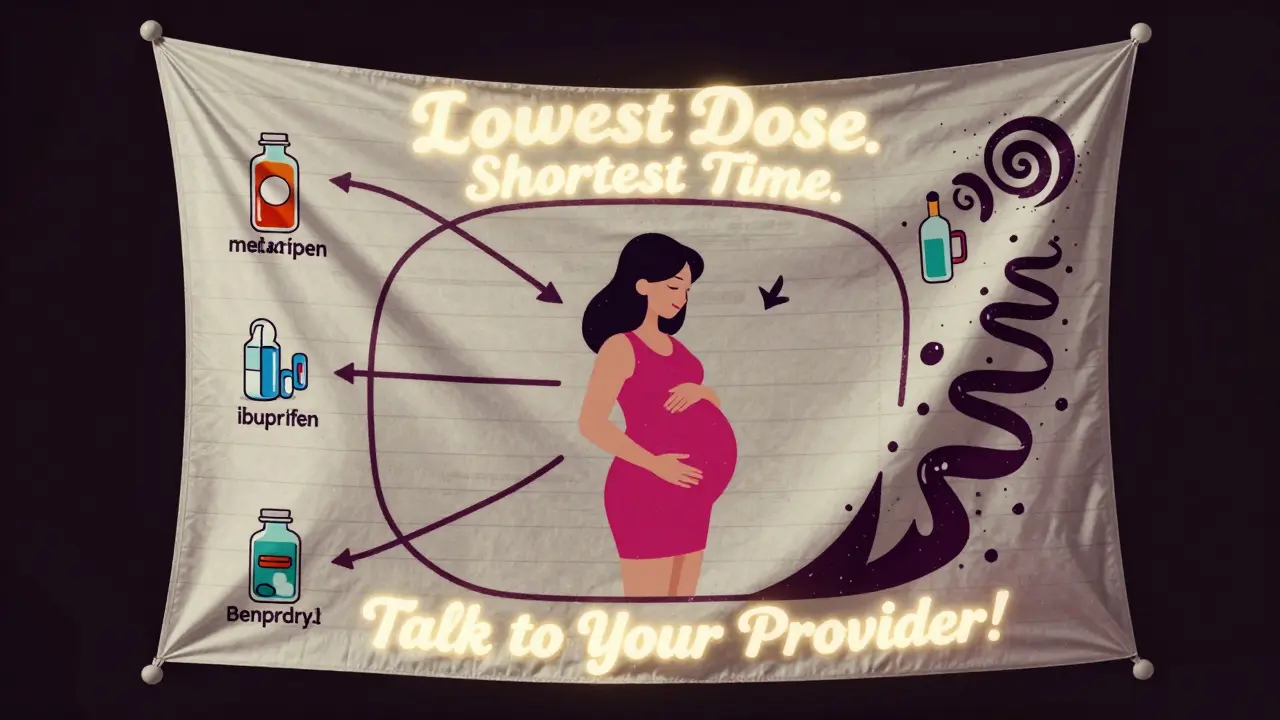 A psychedelic medical chart connecting safe pregnancy medications to a central figure.