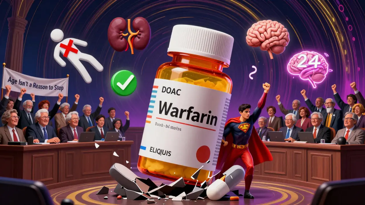 A superhero DOAC pill defeats warfarin in a psychedelic courtroom with symbols of kidney health and stroke prevention.