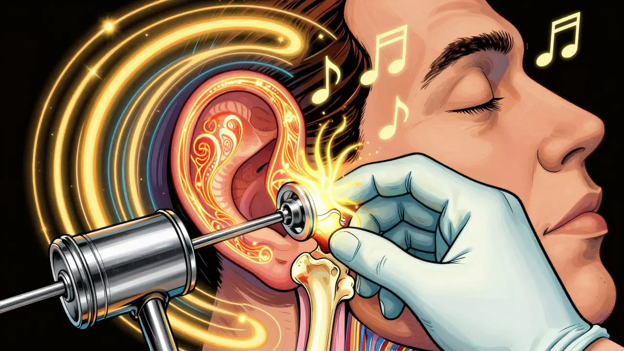 A surgeon placing a glowing titanium piston into the stapes bone, surrounded by neon-lit anatomy and floating musical notes.