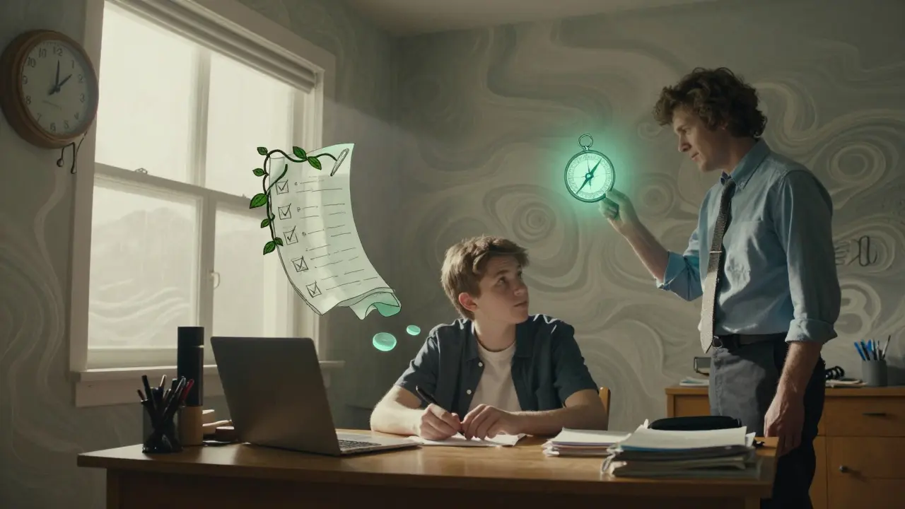 A teen at a desk with floating tools and a calm pill, illustrating slow, steady improvement through non-stimulant treatment.