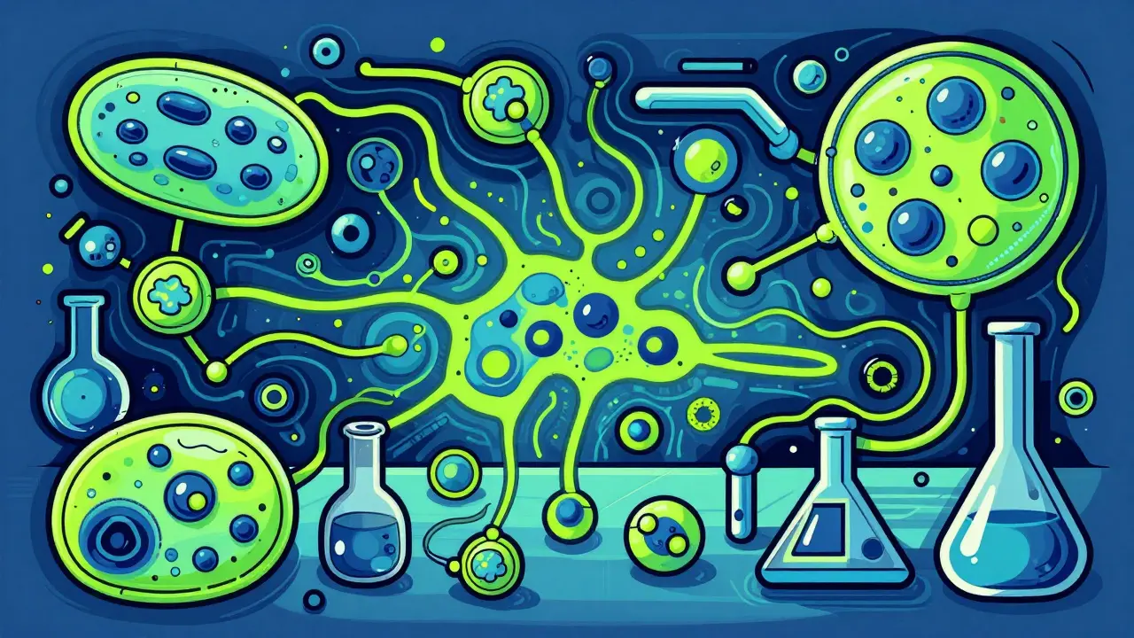 Abstract illustration of living cells and molecules in a laboratory setting with glowing colors.