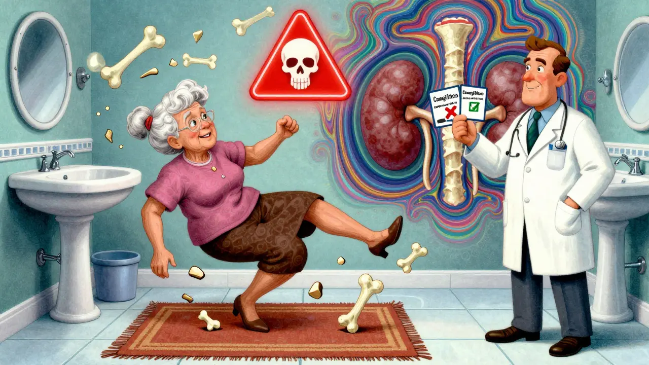 An elderly woman falling in a bathroom, with floating bone fragments and a doctor holding prescriptions marked 'no' and 'yes' for fracture risk.