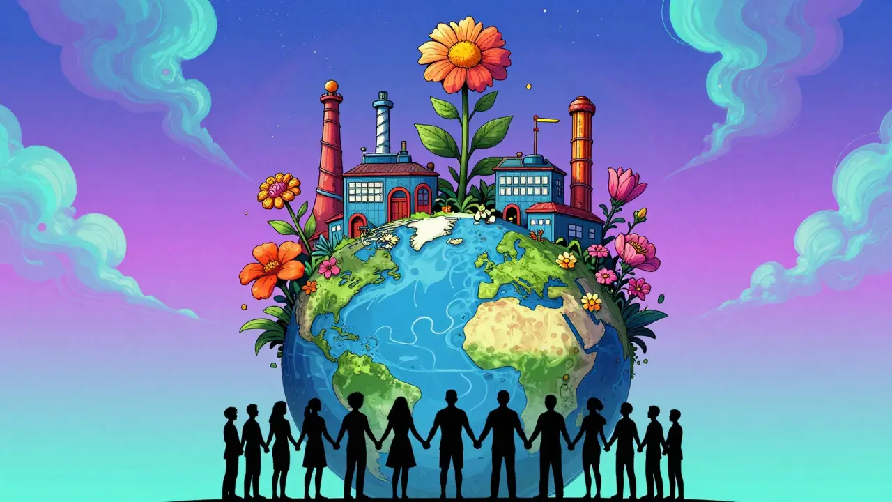 Cartoon factories transforming into plants surrounded by people