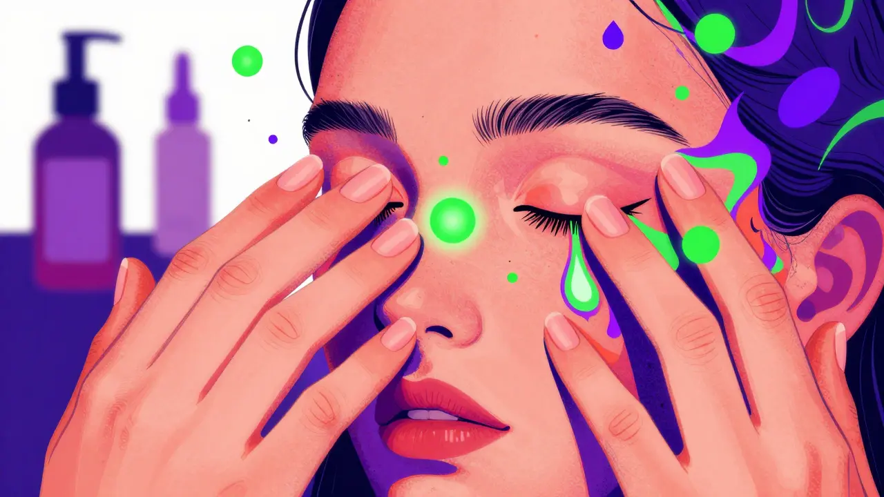 Hands transferring cosmetic allergens to face illustrated vividly.