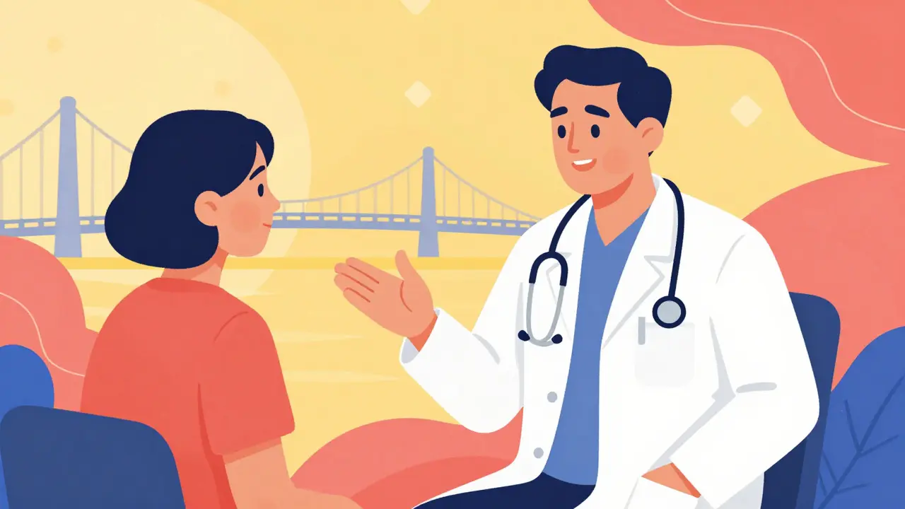 Healthcare provider talking to patient with warm gestures and hopeful atmosphere.