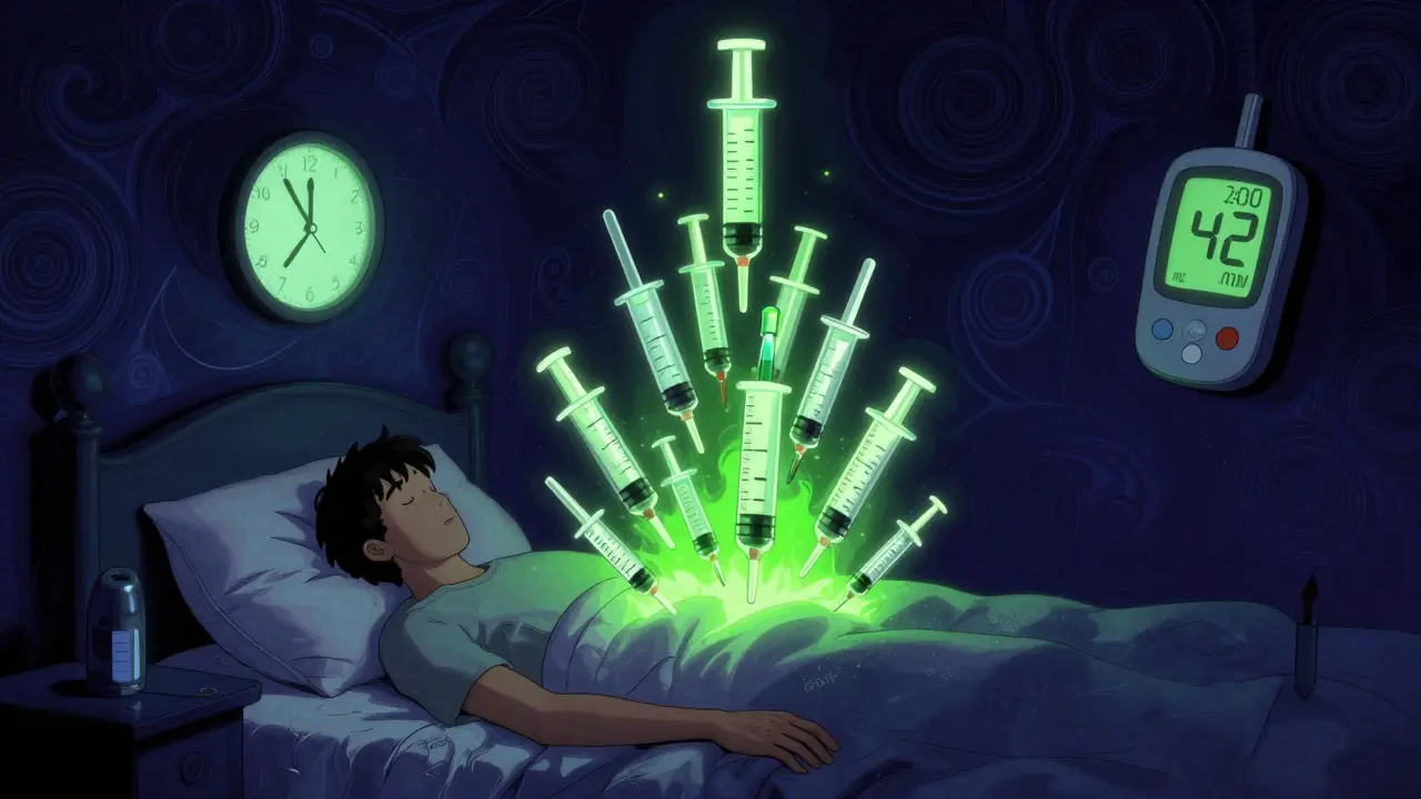 Person asleep at night surrounded by floating insulin syringes, blood sugar meter showing dangerously low level