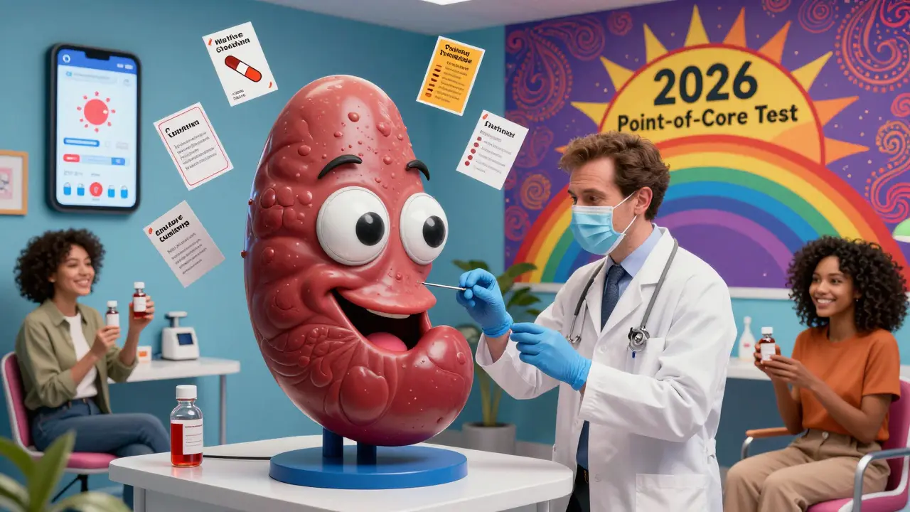 Psychedelic doctor’s office with a smiling adrenal gland undergoing testing, surrounded by alert cards and futuristic medical tech.
