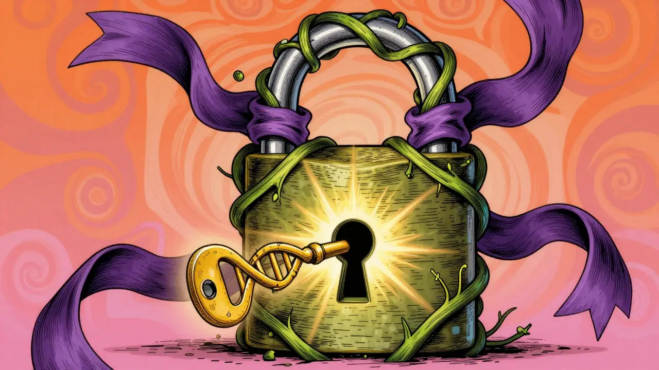 Psychedelic lock made of vines unlocked by a glowing DNA key