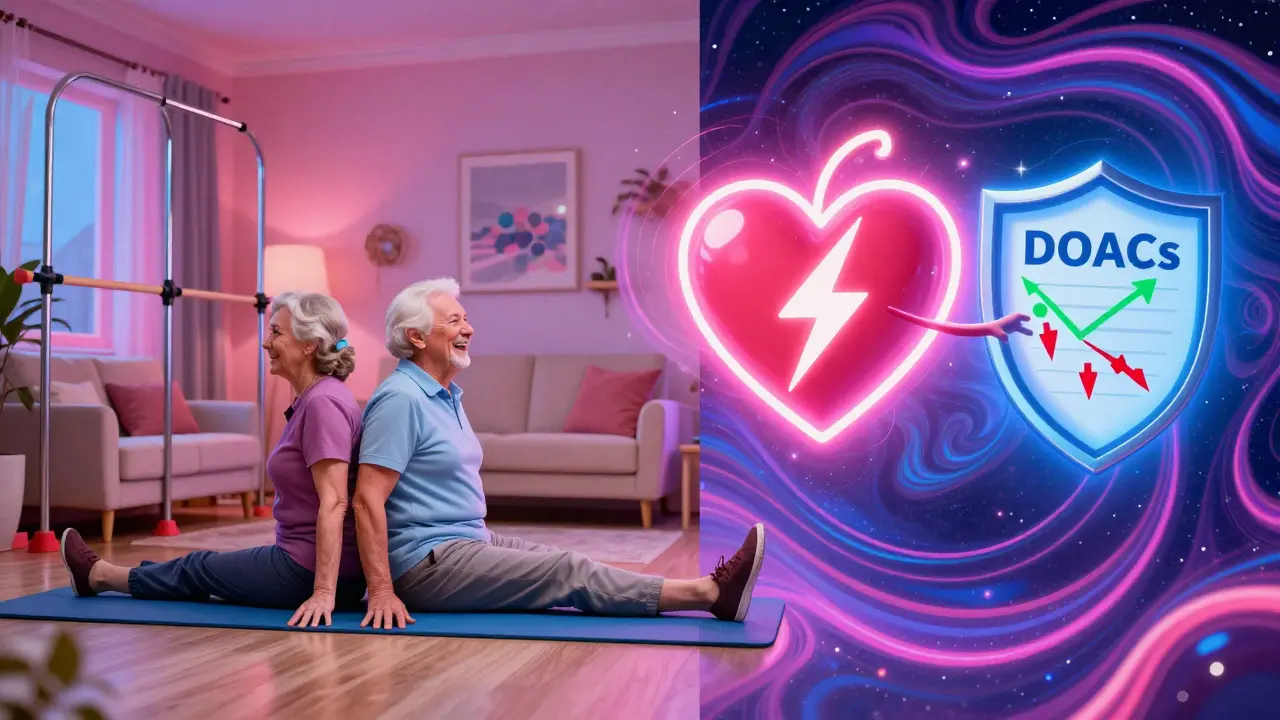 Seniors doing balance exercises while medical icons show stroke prevention outweighing fall risks in vibrant psychedelic style.