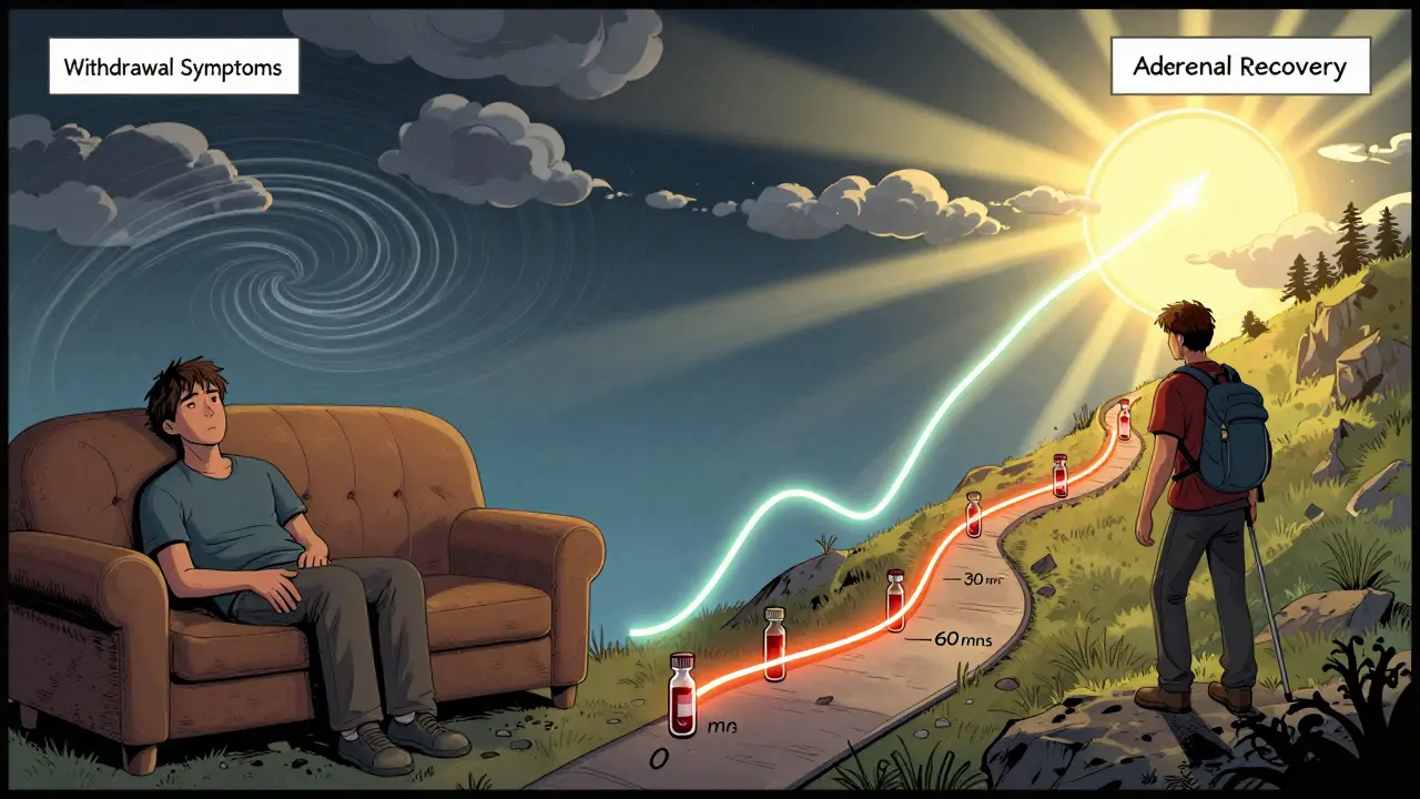 Split-panel scene comparing fatigue and recovery, with blood tests and cortisol levels guiding the path to adrenal health.