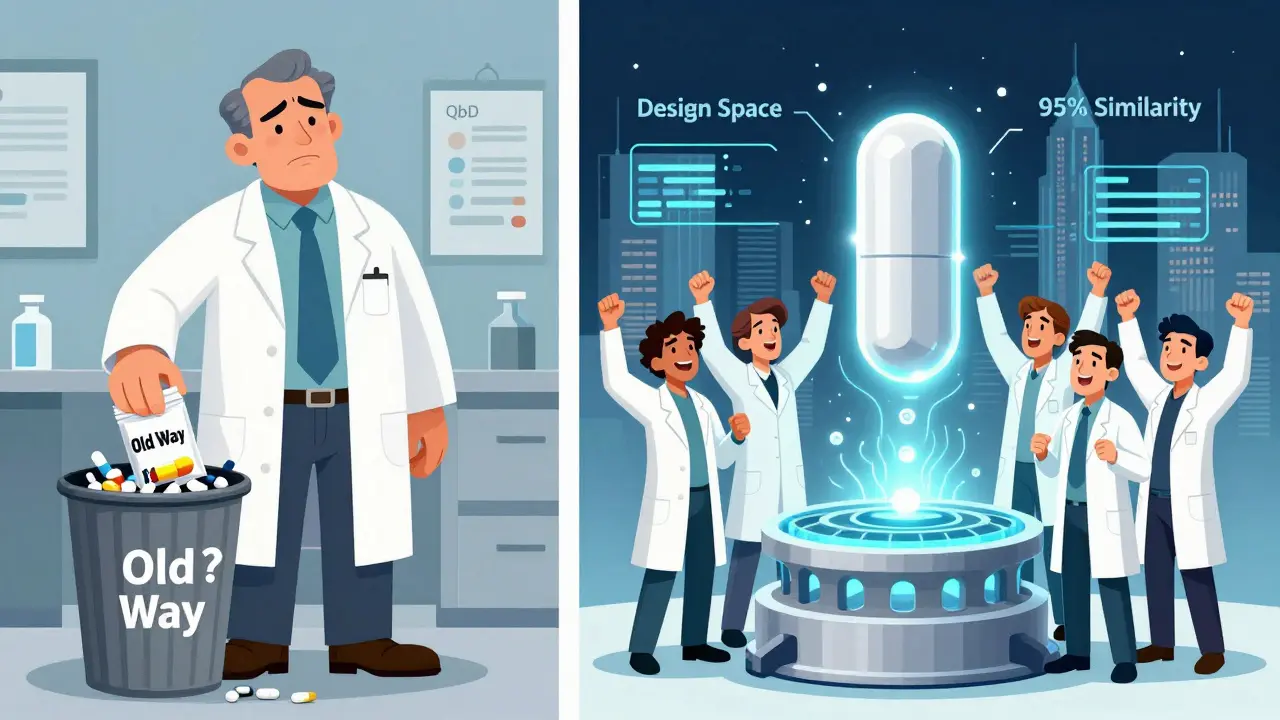 Split scene: chaotic failed batches on one side, a glowing QbD-made pill rising confidently on the other with data streams around it.