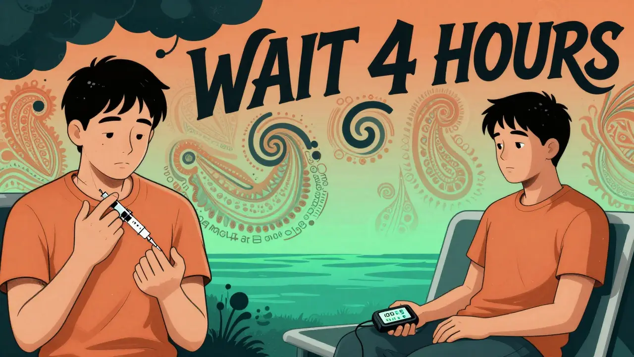 Split scene: one side shows repeated insulin injections, other shows calm waiting with IOB display, warning against stacking