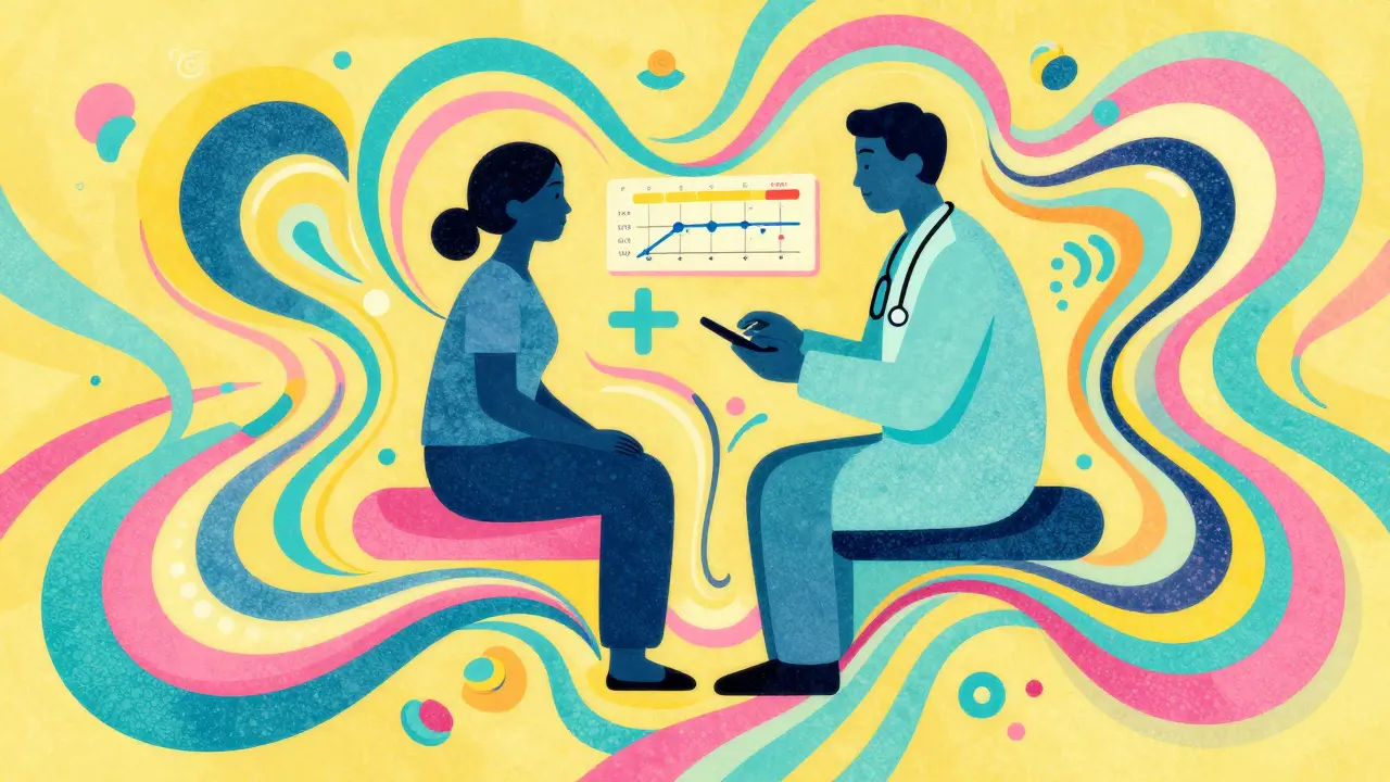 Abstract fluid silhouettes of a doctor and patient surrounded by colorful swirling ribbons.