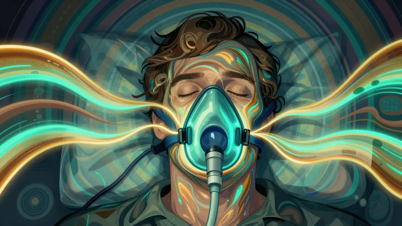 Abstract illustration of a CPAP machine providing a wall of air to open the airway.