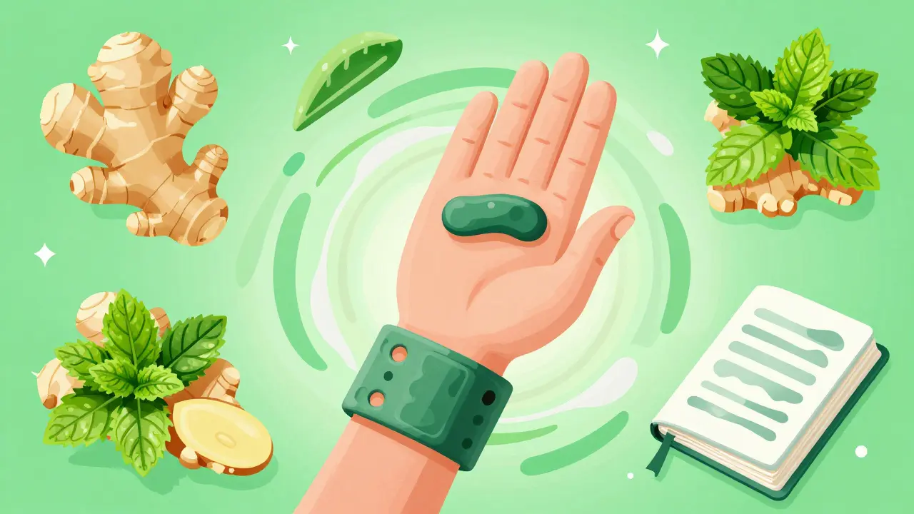 Abstract illustration of an acupressure wristband, ginger, and peppermint leaves.