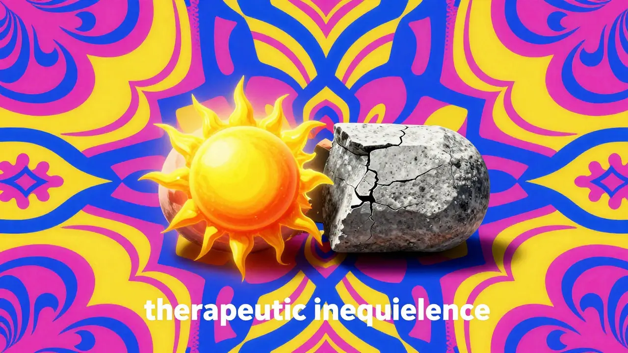 Abstract representation of a failing generic pill with swirling colorful patterns.