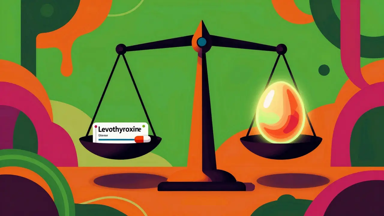 Abstract scale balancing a medication pill and a fertile egg in a surreal landscape.