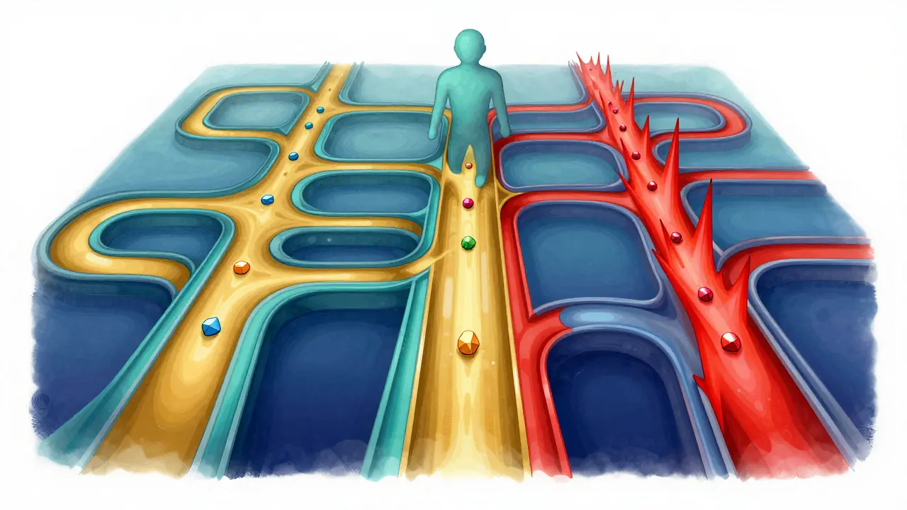 Abstract visualization of drug molecules in a bloodstream with vibrant, swirling colors.