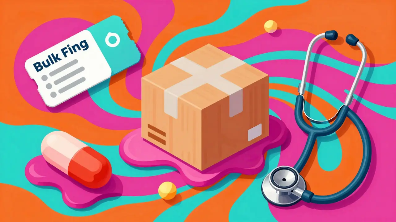 Colorful abstract illustration of a coupon, shipping box, and stethoscope in a fluid style.